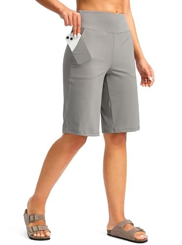 Women's Bermuda Shorts 12" Knee Length with Pockets High Waisted Stretch Long Shorts for Women Casual Walking (Light Grey, S) - Image 1