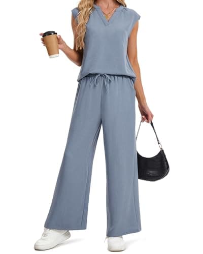 IEEILULU Two Piece Sets for Women V Neck Sleeveless Tank Tops and Wide Leg Pants Sets Vacation Outfits (Blue-Gray, S) - Image 1