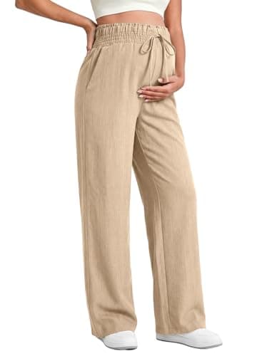 BLENCOT Womens Maternity Pants Wide Leg High Waisted Palazzo Pregnancy Bottoms Summer Flowy Adjustable Lounge Set Casual Work Trousers Fashion Clothing with Pockets XX-Large Parchment - Image 1