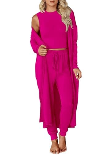 KIRUNDO 3 Piece Lounge Sets for Women Airport Travel Vacation Outfits 2026 Fall Cardigan Matching Sleeveless Top Jogger Pants(Rose Red, Large) - Image 1
