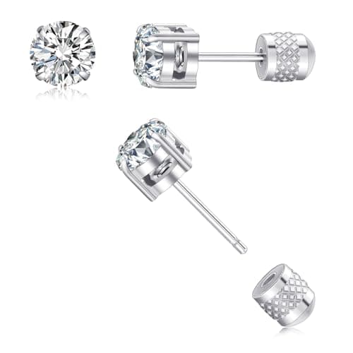 Hypoallergenic Threadless Flat Back Earrings,1 Pairs Cartilage Stud for Women Men Titanium Post 20G None Screw Easy Push in Gold Black Silver Stainless Steel Flatback with CZ 3-8mm (Silver Stud, 5mm)
