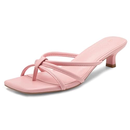 Athlefit Pink Heels Strappy Square Toe Low Kitten Heels for Women Comfortable Dressy Party Prom Short Heeled Sandals Size 6 - Image 1