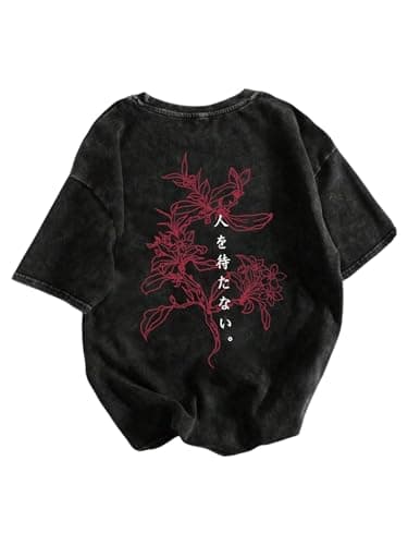 GORGLITTER Women's Vintage Graphic T-Shirts Y2k Hiphop Funny Print Acid Wash Tshirt Round Neck Short Sleeve Summer Tee Top Black Flower Medium - Image 1