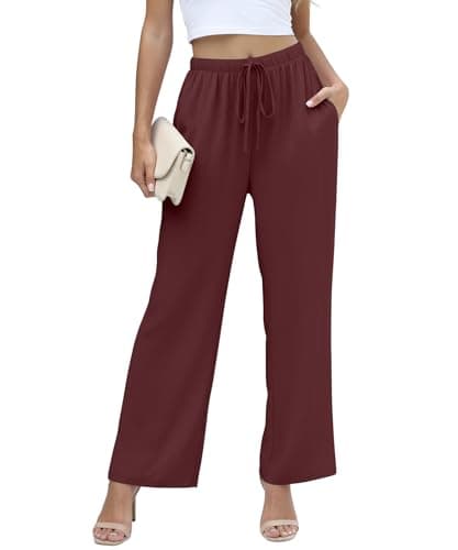 NILOUFO Women Summer Casual High Waist Wide Leg Pants Fashion Lightweight Flowy Boho Beach with Pockets(Wine Red, Large) - Image 1