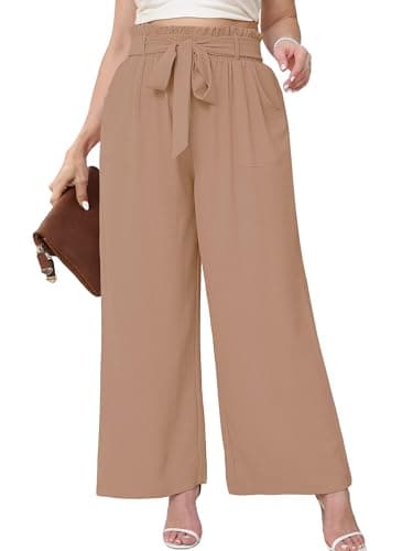 AusLook Women's Plus Size Wide Leg Pants with Pockets Peach Puff 1X Lightweight High Waisted Tie Knot Paperbag Dressy Palazzo Loose Paper Bag Comfy Business Casual Work Flowy Dress Ladies' Trousers - Image 1