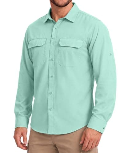 Men's Sun Protection Fishing Shirt UPF 50+ Long Sleeve Safari Hiking Travel Shirts with Pockets Quick Dry(Mint Green Medium) - Image 1