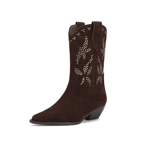 Rogerdream Western Gold Silver Contrast Rivet Faux Suede Boots for Women, Mid Calf Cone Heel Pointed Toe Cowboy Studded Footwear Brown Size 10 - Image 1