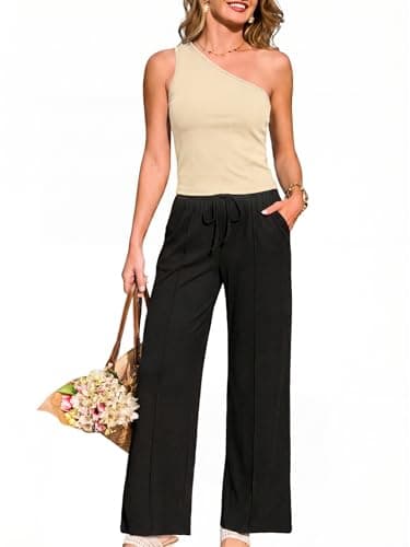 Casly Lamiit Women 2 Piece Sets Going Out Cute Beach Outfits Off Shoulder Wide Leg Pants Comfy Knit Resort Wear Black Beige S - Image 1