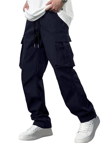 Comdecevis Men's Casual Cargo Pants Big and Tall Workout Joggers Stretch Baggy Sweatpants Hiking Drawstring Tactical Pants with Multi Pockets Blue - Image 1