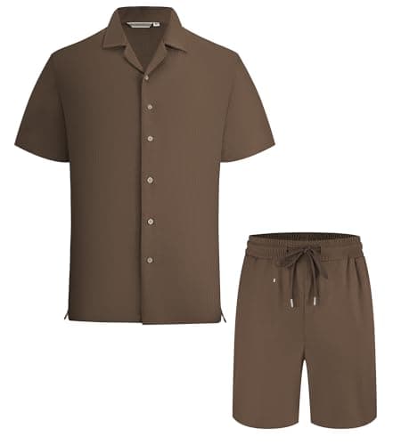 Alex Vando Men’s 2-Piece Outfits Short Sleeve Camp Collar Shirt & Drawstring Shorts Sets,Brown,M - Image 1