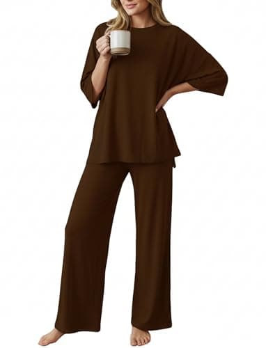 PATPAT Lounge Sets for Women Short Sleeve Pajama Set Soft Comfy Elastic Pjs 2 Piece Loungewear Outfits with Pockets Brown, S - Image 1