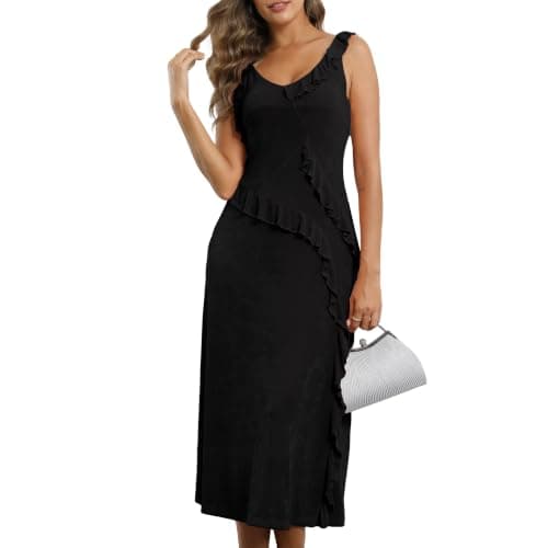 F·Y·YIYI Women's Sleeveless V-Neck Ruffled Midi Dress, Black, Medium - Image 1