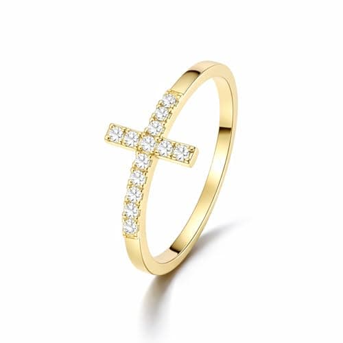 TOPROO 14K Gold Plated Cross Rings,925 Sterling Silver Hypoallergenic Rings With Cubic Zirconia Unique Anniversary Band Rings for Her (14K Gold, 5) - Image 1
