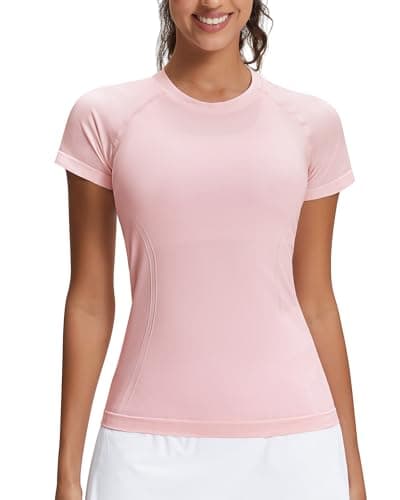Stelle Women Seamless Workout Shirts Short Sleeve Athletic Top Yoga Gym Running T-Shirts(Strawberry Milk,M) - Image 1