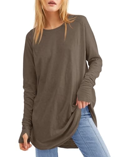 Fisoew Women's Casual Long Sleeve Tops Crew Neck Round Hem Loose T-Shirts Tunic Tops with Thumb Holes Light Coffee - Image 1