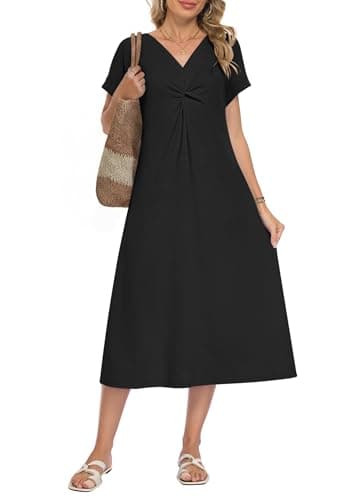 WNEEDU Women Summer Midi Dress Twist Front V Neck Short Sleeve Loose Casual Pockets,Black,S - Image 1