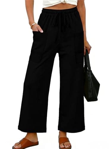 EVALESS Pants for Women Casual High Waisted Baggy Cargo Pants 2026 Summer Ankle Length Wide Leg Trousers with Pockets Drawstring Elastic Band Spring Outfits Black Large - Image 1