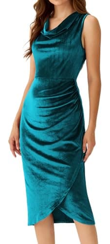 FeteChiq Womens Velvet Formal Wedding Guest Dress Sleeveless Cowl Neck Ruched Bodycon Cocktail Party Dress(Lake Blue,L) - Image 1