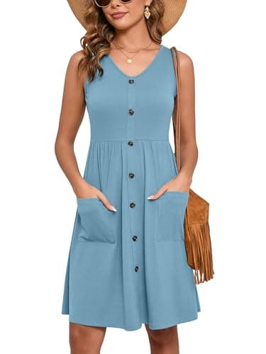 Heymoments Women Summer Dress Rackley Blue Small Sleeveless V Neck Casual Cute Loose Sundress Comfy Swing Button Down Midi Work Flowy Tunic Ladies Beach Vacation Teacher Dresses with Pockets - Image 1