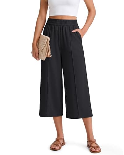 G4Free Wide Leg Cropped Pants for Women Summer Casual Pants Pull On High Waisted Caprs for Beach Travel (Black,L,18") - Image 1