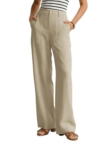 GRACE KARIN Linen Pants Women Summer Breathable Palazzo Pants Flowy Elastic Waist Summer Beach Vacation Pants 2026 Khaki - Image 1