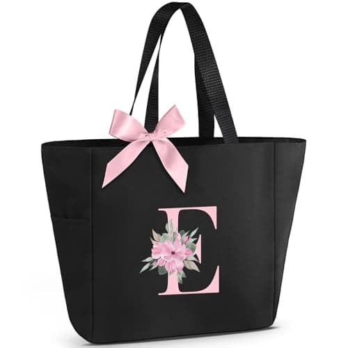 Vavabox Tote Bag, A-Z Initial Monogrammed Waterproof Tote Bag, Bridesmaid Gifts for Women, Black and Pink (E, Black) - Image 1