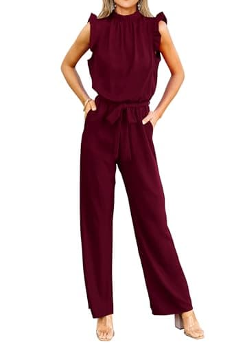 KIRUNDO Jumpsuits For Women Dressy Summer One Piece Sleeveless Ruffle Mock Neck Belt Pockets Formal Wide Leg Pants Romper(Wine Red, XX-Large) - Image 1
