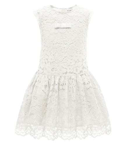 ALLOVIN Girls & Toddlers Lace Drop Waist A-Line Flower Girl Dress Sleeveless Wedding Birthday Party Dress with Bowknot | White | 4T - Image 1