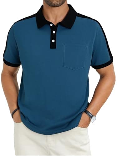 LuxMania Men's Casual Polo Shirts Short Sleeve Classic Button Shirt Fashion Cotton Golf Tops with Pocket Teal S - Image 1
