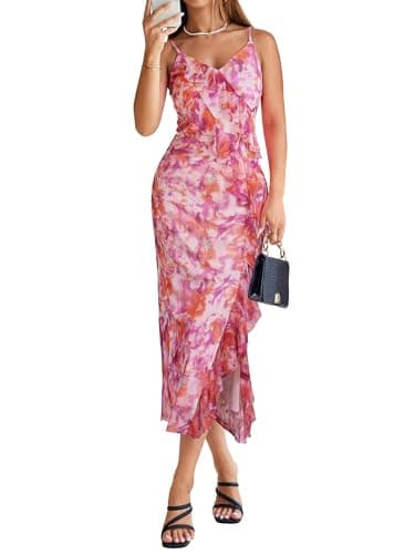Simplee Women Floral Ruffle Bodycon Maxi Dress 2026 Summer Spaghetti Strap V Neck Mesh Slit Wedding Guest Beach Party Dresses Floral Pink L - Image 1