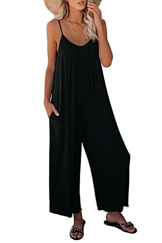 STOLKISS Women's Casual Jumpsuits Summer Sleeveless Loose Jumpsuit Thin Shoulder Strap Adjustable Comfy Elastic Long Pants Rompers with Pockets (Black, Large) - Image 1
