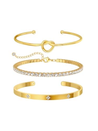 Gold Bracelets for Women, 3 Pcs 14K Gold Plated Stackable Bracelet Set, Dainty Love Knot Bangle, CZ Tennis Bracelet, Open Cuff Bracelet for Women, Adjustable Jewelry Gift for Daily Wear - Image 1