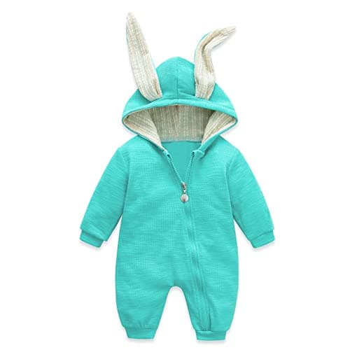 Simplee kids Animal Bunny Baby Easter Clothes Long Ear Rabbit Hoodie Romper with Zipper Blue Turquoise 6-12 Months - Image 1