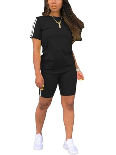 STOLKISS Women 2 piece Short Sets Classic Striped Outfits Summer Casual Short Sleeve T-Shirt and Short Jogger Tracksuits Sets Black XL - Image 1