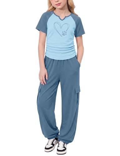 GEMLON Summer Outfits for Girls 2PCS Short Sleeve Heart Print Top and Cargo Pants with Pockets Summer 5T Girls Clothes - Image 1