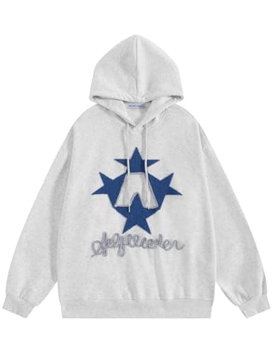 Aelfric Eden Star Embroidered Hoodies Women Graphic Print Y2k Oversized Hoodie Long Sleeve Pocket Casual Pullover Sweatshirt Grey Blue M - Image 1