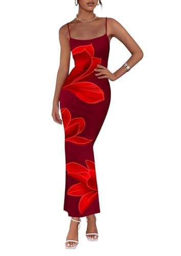 PRETTYGARDEN Womens Floral Maxi Dress Summer 2026 Sexy Spaghetti Strap Slip Bodycon Mesh Beach Vacation Dresses(Wine Red,XX-Large) - Image 1
