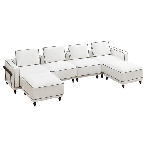 146" 4 Seater Cloud Couch with 2 Ottoman,Modular Sectional U Shaped Sofa with Armrests Wooden Legs,Oversized Deep Seat Comfy Thicked Cushion Upholstered Sofa for Living Room Bedroom,White