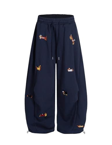 Vamtac Embroidery Puppy Baggy Sweatpants Wide Leg Pants Unisex Drawstring Casual Y2k Barrel with Pockets Dark Blue - Image 1