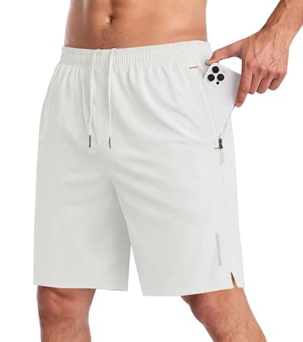 PEGENO Mens Athletic Shorts 7 Inch Elastic Waist Lightweight Quick Dry Running Shorts for Workout Running Hiking,White,Large - Image 1