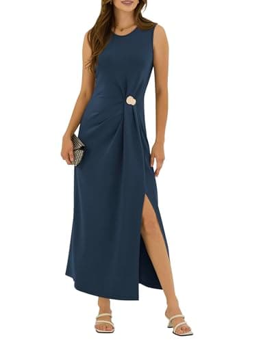 ZAFUL Women's 2026 Summer Ruched Casual A Line Maxi Dress Spring Sleeveless Split Elegant Cocktail Party Long Dresses (Navy Blue, Medium) - Image 1