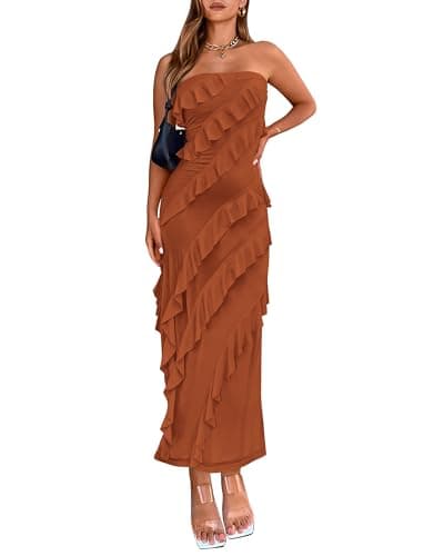 BTFBM Women Summer Elegant Strapless Midi Ruched Bodycon Dress Solid Color Stretch Mesh Slim Party Cocktail Dresses - Image 1