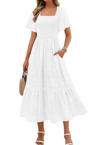 MEROKEETY Women's 2026 Summer Flowy Midi Maxi Dress Short Sleeve Square Neck Smocked Tiered Ruffle Boho Dresses with Pockets, White, X-Large - Image 1