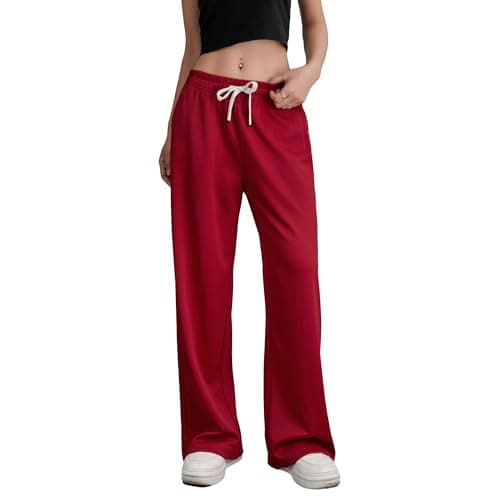 Women's High Waisted Wide Leg Sweatpants Loose Fit Lounge Legging Pajama Pants with Drawstring Red L - Image 1
