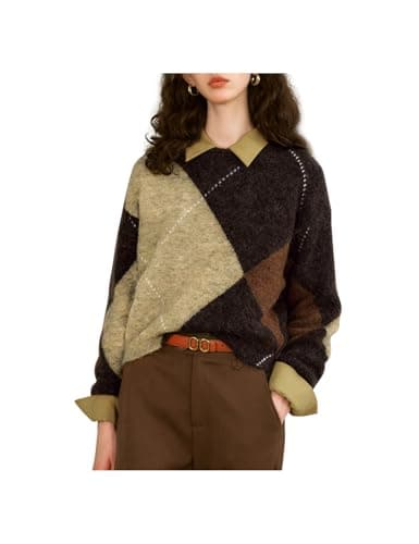 EVAZOU Women's Crop Knit Crew Neck Argyle Long Sleeve Sweaters Fall Winter Y2k Loose Casual Cute Pullove Multicolor - Image 1