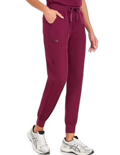 VECARDI Womens Scrub Pants Jogger 4 Way Stretch Nurse Cargo Pants with Zipper Pocket Comfortable Medical Work Pants Classic Red - Image 1