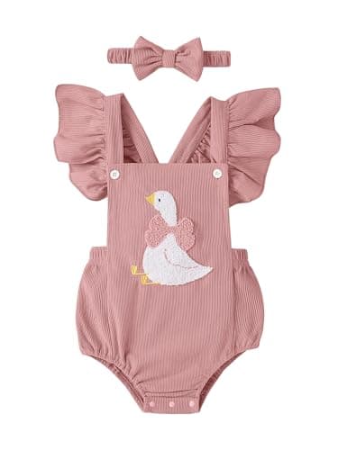 GEMLON Newborn Girl Clothes Ruffled Sleeveless Duck Embroidery Newborn Romper with Headband Baby Girl Clothes 3-6 Months - Image 1