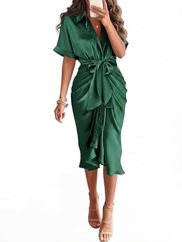 BTFBM Dresses for Women Summer Button Short Sleeve Silk Satin Ruched Spring Maxi Dress 2026 Cocktail Party Wedding(Deep Green, Small) - Image 1