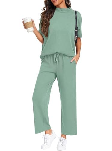 PrinStory Womens Lounge Set Summer 2 Piece Outfits Pullover Top and Wide Leg Pants Matching Sets 2026 Turquoise-M - Image 1