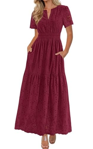 PRETTYGARDEN Short Sleeve Summer Dresses for Women 2026 Elegant Classy Boho High Waist A Line Pleated Wedding Guest Dress (Burgundy, Small) - Image 1